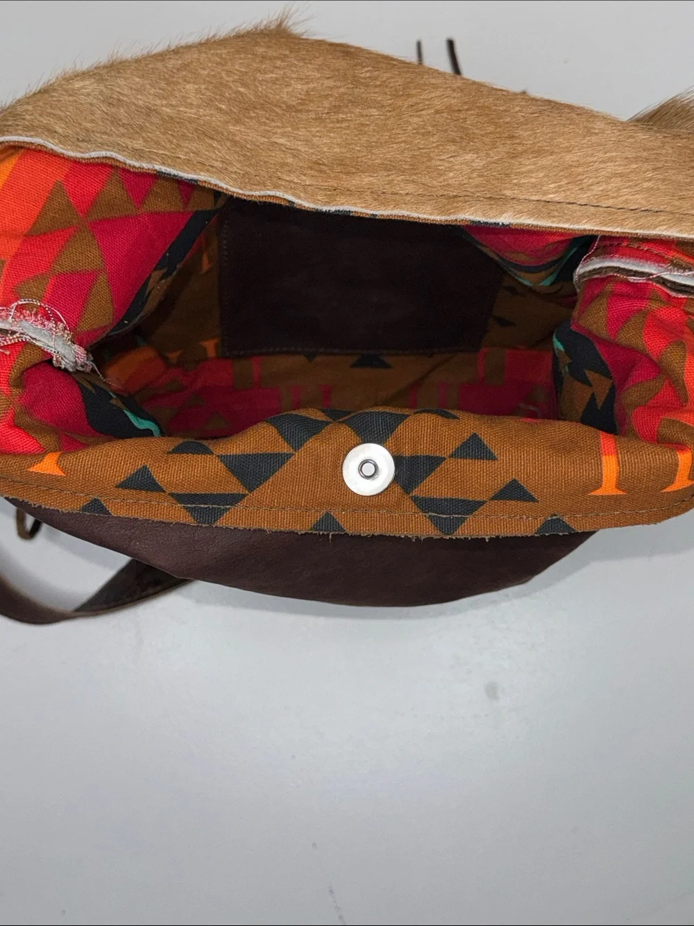 Brown and Tan Leather Fringe Hobo Bag with Turquoise Accent